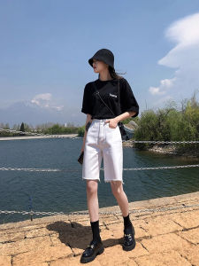White High Waist Slimming Straight Leg Jeans Shorts Womens Five-Quarter Length Thin Summer Riding Cotton Stretch Denim