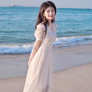French Style Gentle V-Neck Fairy Dress Thin Summer Slim Sweet Bubble Sleeve Midi Skirt Retro Commute High Waist Short Sleeve
