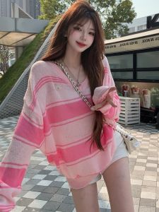 YUEZHONGWEI | Pink V-neck Stripe Ice Silk Long Sleeve Sun-protective Knitted Sweater