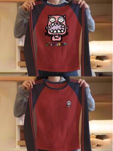 Red Wine Color Block Long Sleeve Pure Cotton Womens T-shirt round Neck Slim Fit Base Shirt Shoulder Insertion Casual Style