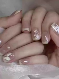 Short fake nails for women girls glossy pearl shimmer Square nail art tips white flowers design full cover press on false nail