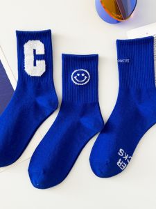 Klein Blue Socks Mid-Calf Four Seasons Men Women Trendy Letter Smiley Face Pure Color Fashionable Cotton Sweat Absorbent Socks