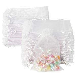 200PCS Organza Bags White Mesh Organza Jewelry Bags Drawstring Small Drawstring Favor Pouches Christmas Candy Wedding Birthday
