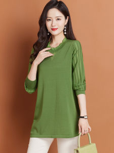 เสื้อถักไหมน้ำแข็งแขนยาวบางสไตล์เกาหลีสำหรับคุณแม่ ทรงหลวม ปกกลม สีสันสดใส ฤดูใบไม้ร่วง 2024 เสื้อผ้าผู้หญิง