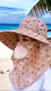 Topi Sun Protection Polkadot UV B-16 dengan Visor Lipat dan Penutup Wajah untuk Wanita