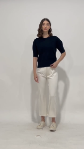 Blus Knit Hitam Elegan MINEOLA Irene dengan Lengan Puff dan Kerah Bulat