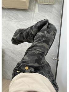 Gray Camouflage Work Pants Womens High Waist Loose Long Trousers with Big Pockets Straight Leg Jeans for Autumn Spring