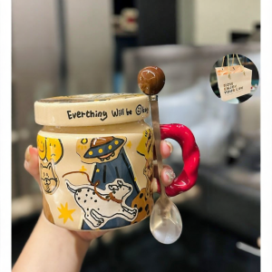 Aesthetic Home Office Use Dog Shaped Mug with Lid and Spoon