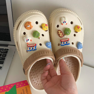 Thin Stripe Young Adult Heart Cute Cartoon Hole Shoes Womens Summer Drooping Feeling Platform Shoes Thick Bottom Toe Cap Sandals Ins