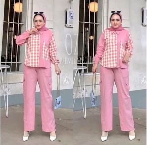 Setcel wanita cargo by jevanni best seller kotak kotak
