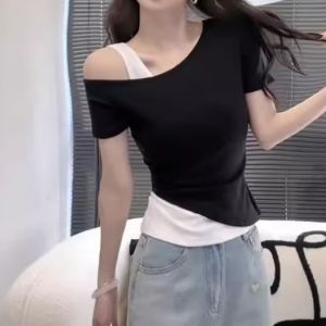 Áo Thun Tay Ngắn Ôm Vừa Vặn Mùa Hè Cho Nữ Áo Chui Đầu Cổ Chữ V Áo Hai Mảnh Chất Liệu Cotton Phong Cách Hàn Quốc Dáng Ôm