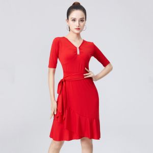 ชุดเดรสเต้นรำละตินแขนสั้นผู้หญิงผู้ใหญ่ซึ่งสีดำเสื้อผ้าแข่งกีฬาฝึกเต้นมาตรฐานแห่งชาติชา-ชา