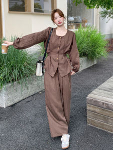 Caramel Colored Elegant Womens Retro Style Two-Piece Suit Autumn 2025 Wide Leg Pants Top Set Fashionable Casual Wear