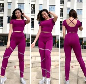 Setelan Legging TA Crop Lengan X untuk Senam Gym Fitness Zumba Wanita