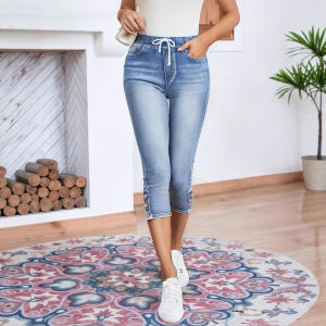 Womens Elastic Waisted High Waist Jeans mid Stretch Denim Shorts Casual Comfortable Fit Summer Fashion Small Foot Pants