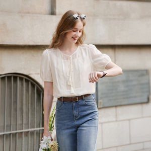XIANGYING | White Bubble Sleeve Commuter Straight Shoulder Lightweight Lyocell Blouse