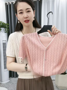 Womens Summer V-Neck Knit Top Short Sleeve Pure Color Wavy Button-up Work Clothing Thin Ice Silk Base T-Shirt