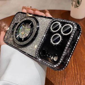 Suitable for iPhone 18,17,16,15,14,13,12,Case With Lens Film Rhinestone Glitter Magnetic Stand