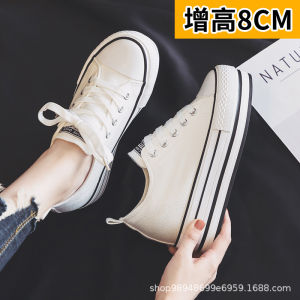 Womens Canvas Shoes 8cm Thick Bottom Platform Slip-On Fashionable All-Season Korean Style Low Cut Rubber Sole Shoes