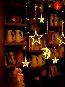 Lampu Led Tirai Besar 4Meter Natal Bulan Bintang Waterproof dekor Kamar Aesthetic Hias Kelap Kelip
