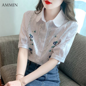 AMMIN summer new female short-sleeved cotton and linen casual versatile embroidered shirt Chinese style literary retro style doll collar loose embroidered blouse