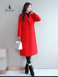 RUMIA Women Long Wool Blend Coat Double Breasted Lapel Winter Jacket Korean Style Elegant Slim Fit Long Outerwear Muslimah Long Winter Coat