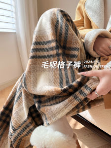 Retro Tweed Plaid Pants Womens Spring Autumn Winter New High Waist Drape Loose Straight Leg Fleece Casual Wide Leg Pants