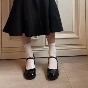 Mary Jane Womens Leather Shoes Korean Slope Heel Student Shoes Black strappy shoes