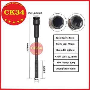 [ TUOSEN ] Chụp bulong sâu lòng dài 200mm Khẩu sâu lòng cho máy bulong 1/2 inch