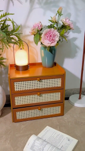 【COD】Bamboo Bedside Table Rattan Nightstand With Three Drawers Large Capacity For Bedroom