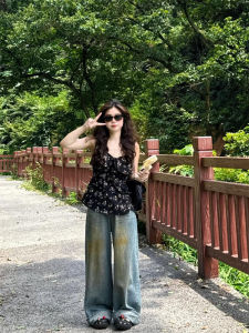 Plus Size Plus Size Ladies Ruffles Floral Small Sling Vest Womens Summer French Style Vacation Style Beauty Back Outwear Puffy Tops