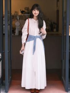 French Style Gentle White Loose Womens Dress Beautiful Long Skirt High Waist Polyester Fiber Shirt Dress City Commute Suitable