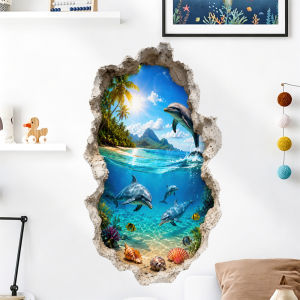3D Dolphin Ocean Wall Decals Removable 3D Breakthrough Wall Stickers Tropical Sea Beach Wall Art Decor for Bedroom Bathroom