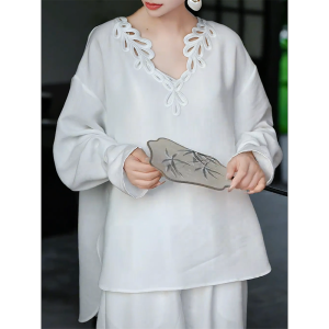 QINGNAER | Elegant Luxury Embroidered V-Neck Long Sleeve Blouse