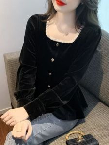 French Style Square Collar Lace Patchwork Slimming Velvet Shirt Womens Autumn Winter New Fashion Youthful Top Belly Cover Base Shirt