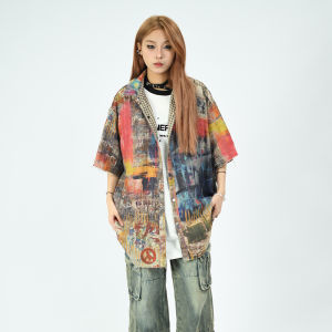 Original OV ฤดูร้อน Street สไตล์ลายสก๊อตสองด้านสวมใส่เสื้อแขนสั้นสําหรับผู้ชายและผู้หญิง Hip Hop หลวม Fit พู่รายละเอียด