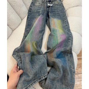 High Waist Loose Wide Leg Denim Jeans Womens Graffiti Straight Leg Slimming Draping Floor-Length Casual Jeans