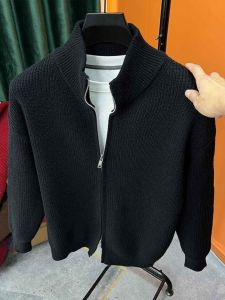 Casual Knitted Sweater Cardigan for Men in Pure Color Half High Collar Long Sleeve Winter Fashion Urban Style Youth Popular Top