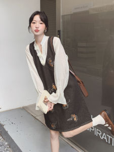 Fashionable Embroidered Casual Style Dress Set Womens Autumn New Shirt Denim Skirt Two-Piece Set Small Size High Waist Polyester Fiber