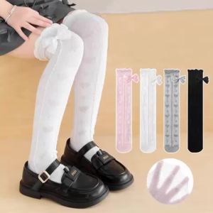 Kids Knee High Socks For Girls White Pink Gray Black Princess Love Bow Childrens Stockings Spring Autumn Student Long Sock 3-8Y