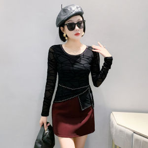 REHIN Womens Round-Neck Velvet Printed Long-Sleeve T-Shirt with Rhinestone Detail - Slim-Fit Fashion Womens Top