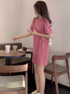 Summer New Arrival Small European Products Womens Clothes Pink Short Sleeve Ruched Dress Womens Easiest for Match Mid Length Long Length round Neck T-shirt