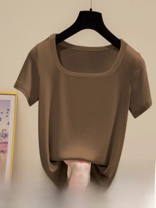 Ice Silk Thread Short-Sleeved T-shirt Womens Summer New Arrival French Modal Square Collar Outwear Slim Looking Bottoming Shirt Top Clothes
