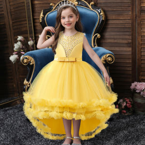4 Colors 6 Size Baby Girls Dress Bow Sleeveless Sequin Layered Girls Princess Dress Trailing Girls Birthday Gift Flower Girls Dress Wedding Flounce Hemline Dancing Performance Host Age 4 To 12