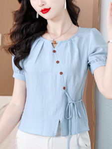 เสื้อเชิ้ตแขนสั้นผ้าลินินคอตตอนผสมผู้หญิงฤดูร้อน 2025 ทรงหลวม ปกติ ไม่สมมาตร ทรงหลวม คอตตอนแท้ ทรงหลวม คอตตอนแท้