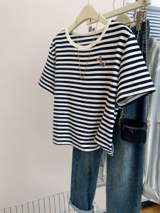 YIFENGXIN | Black and White Striped Embroidered Short Sleeve Tee