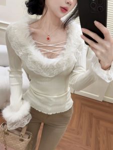 GUZILIAN | Splicing Lace and Fluffy Design Knit Sweater