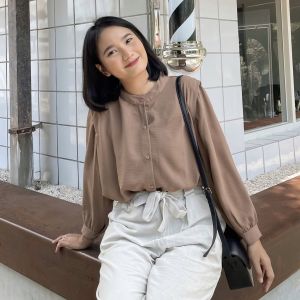 Aisa Blouse Crinkle Premium Kemeja Formal Kerja Blouse Crinkle Shanghai River Blouse Oneck Longsleeve Blouse Wanita Kemeja Kantor Kemeja Crinkle Kemeja Lengan Panjang Blues Kemeja