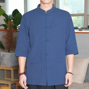 Mens Linen Cotton Casual Shirt Short Sleeve Summer Thin Five-Point Button Fashionable Traditional Chinese Style Loose Fit Shirt