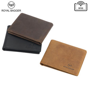 Royal Bagger RFID กระเป๋าสตางค์แบบสั้นสำหรับผู้หญิงวินเทจหนังแท้กระเป๋าเก็บบัตรกระเป๋าสตางค์ผู้ชายพับสองชั้นแบบบางเรียบง่าย1835